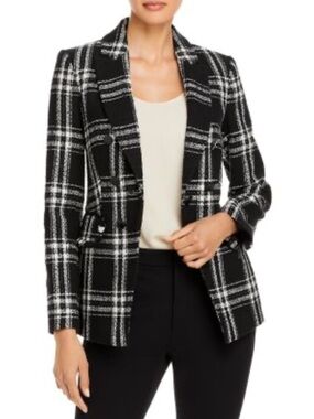 Karl Lagerfeld Size 14 Black Windowpane Plaid Tweed Blazer Jacket Career Preppy